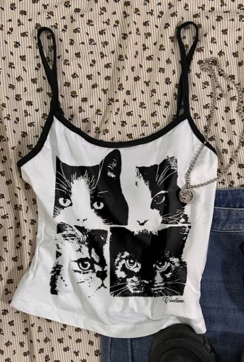 Camiseta de tirantes de mujer con estampado de gato vintage en blanco y negro
