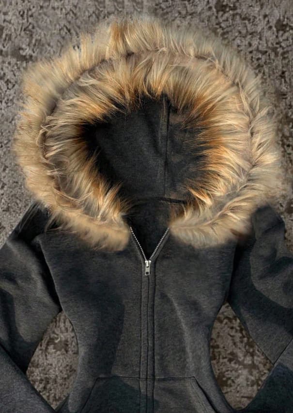 Chaqueta gris con capucha de pelo - Imagen 5