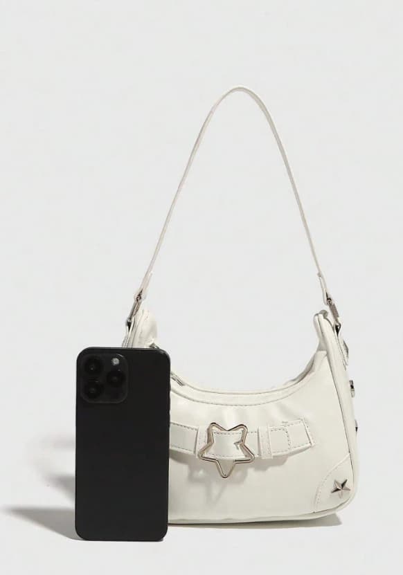 Bolso blanco de hombro estilo hobo con correa para el hombro, estilo Y2K, con decoración de metal - Imagen 3
