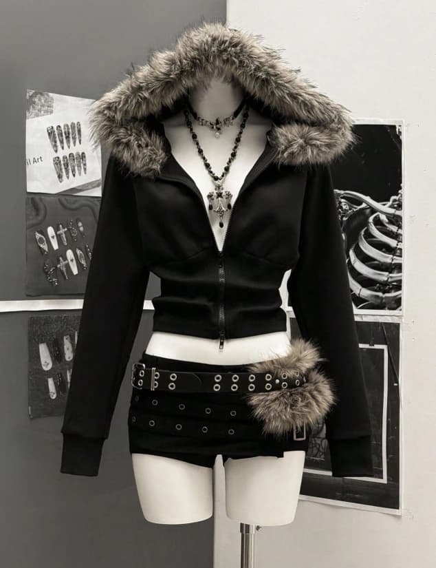 Chaqueta con capucha, cuello de piel y ajustada de manga larga para mujer - Imagen 1
