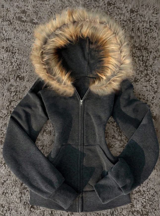 Chaqueta gris con capucha de pelo - Imagen 3