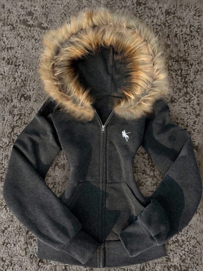 Chaqueta gris con capucha de pelo - Imagen 1