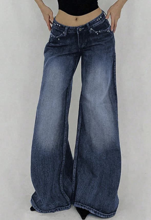 Jeans de tiro bajo y pierna ancha lavados de estilo casual - Imagen 3