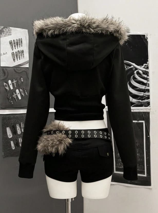 Chaqueta con capucha, cuello de piel y ajustada de manga larga para mujer - Imagen 2