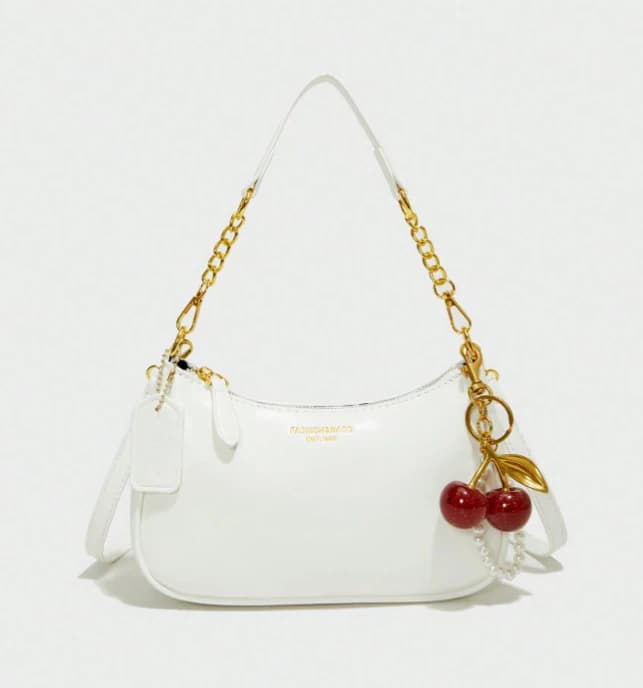 Bolso de hombro de moda presenta un patrón de letra clásico y una decoración con colgante de cereza de perla - Imagen 1
