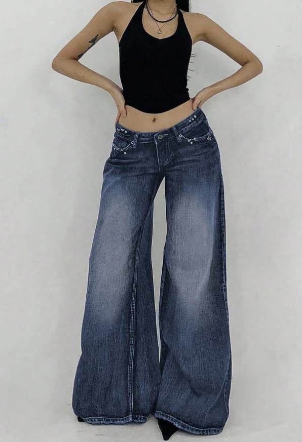Jeans de tiro bajo y pierna ancha lavados de estilo casual - Imagen 5
