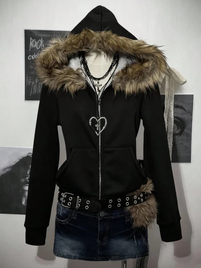 Sudadera con capucha con cremallera y forro térmico para mujer, con cuello de piel - Imagen 1