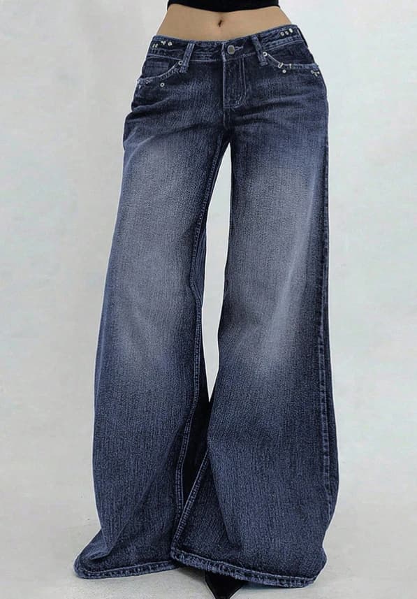 Jeans de tiro bajo y pierna ancha lavados de estilo casual - Imagen 4