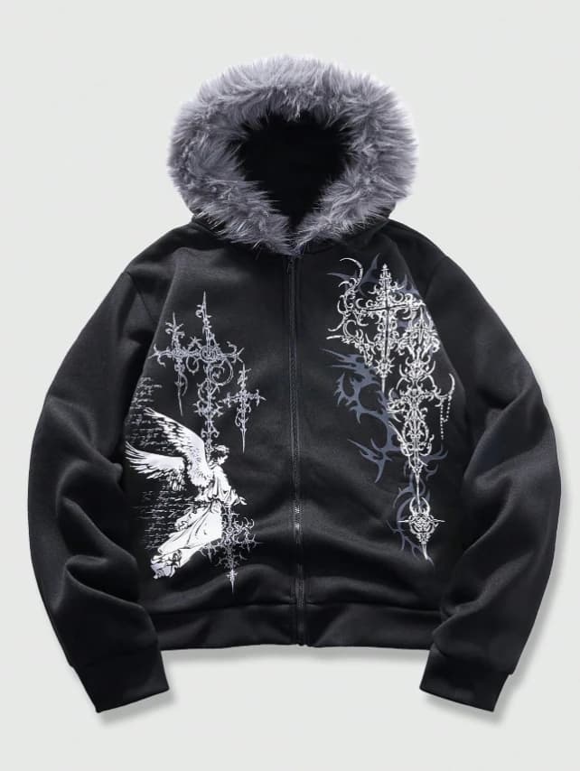 Sudadera con capucha con cremallera y estampado de ángel esponjoso gótico casual