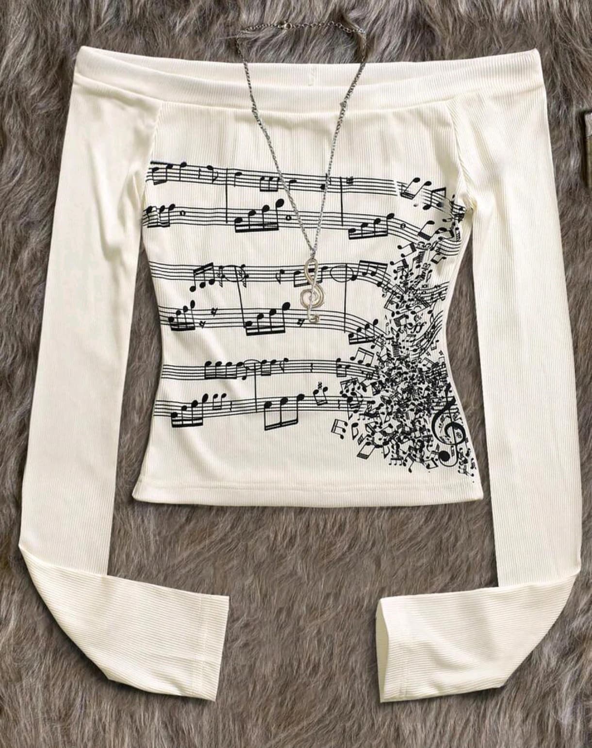 Blusa Ajustada de Manga Larga - Estampado Musical - Imagen 3