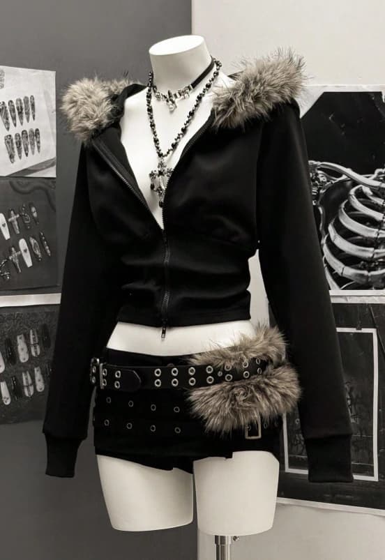 Chaqueta con capucha, cuello de piel y ajustada de manga larga para mujer - Imagen 3