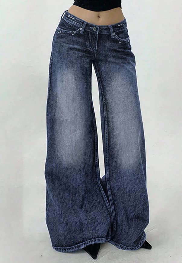 Jeans de tiro bajo y pierna ancha lavados de estilo casual - Imagen 2