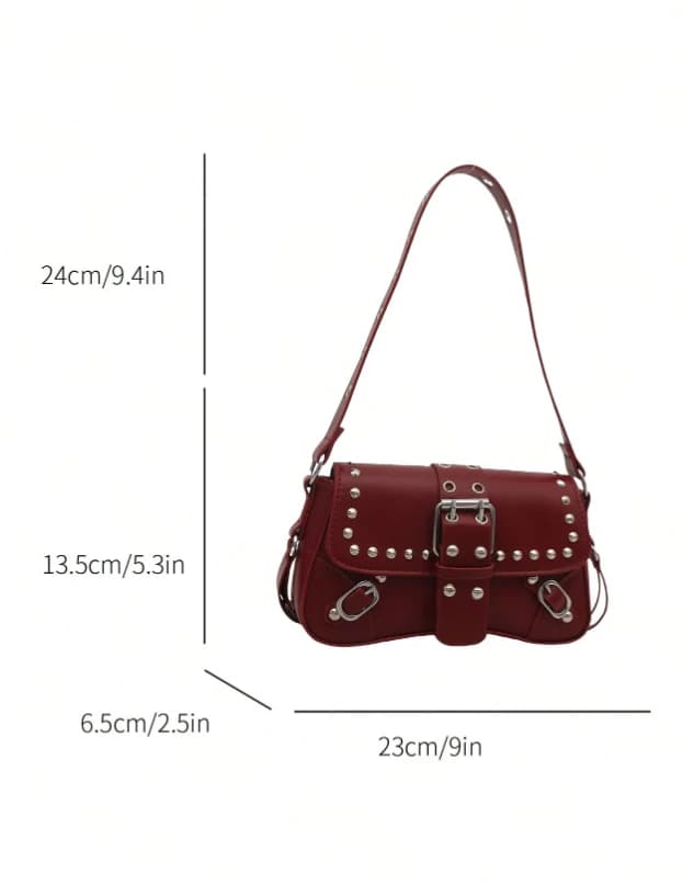 Bolso de hombro con solapa y decoración de remaches de unicolor - Imagen 4