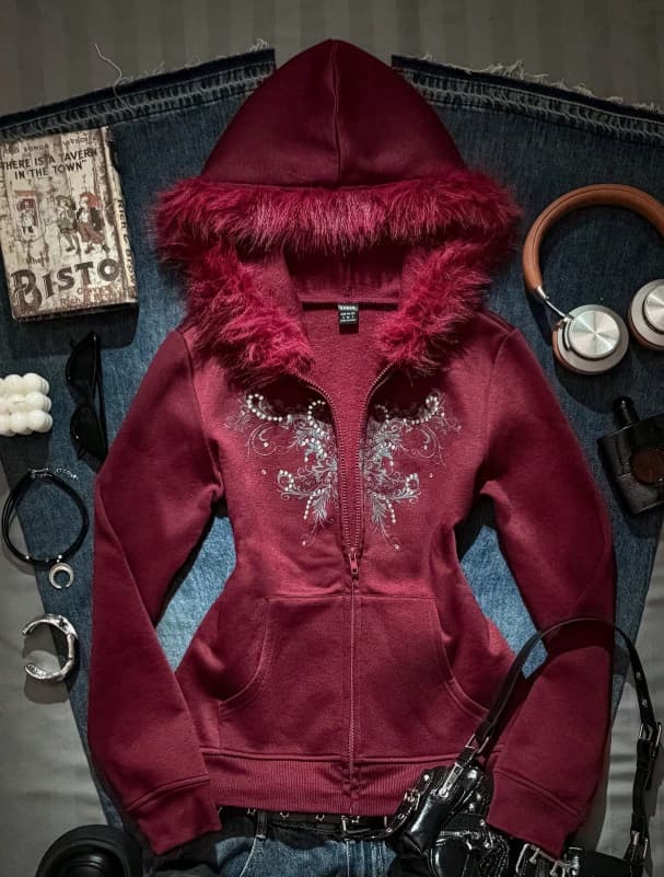 Sudadera con cremallera, cuello de peluche con estampado floral y rhinestones - Imagen 1
