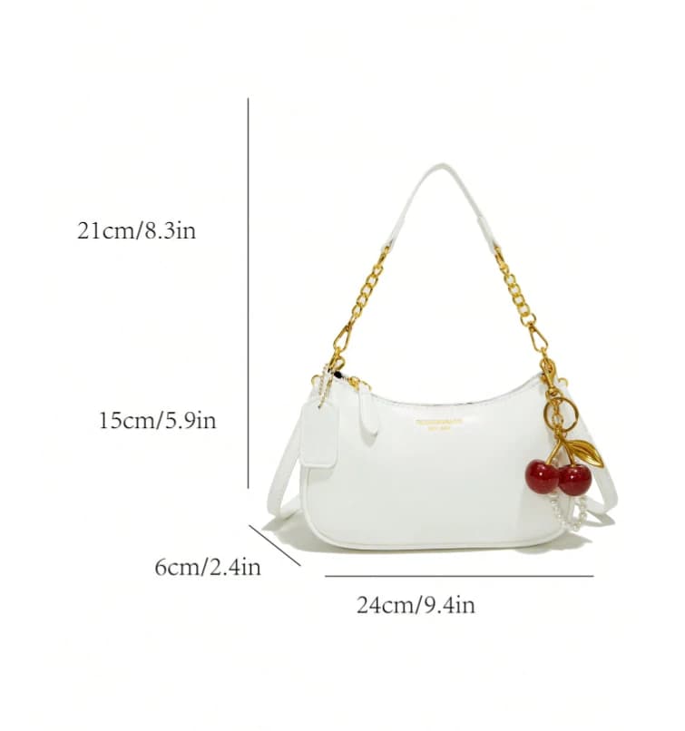 Bolso de hombro de moda presenta un patrón de letra clásico y una decoración con colgante de cereza de perla - Imagen 4