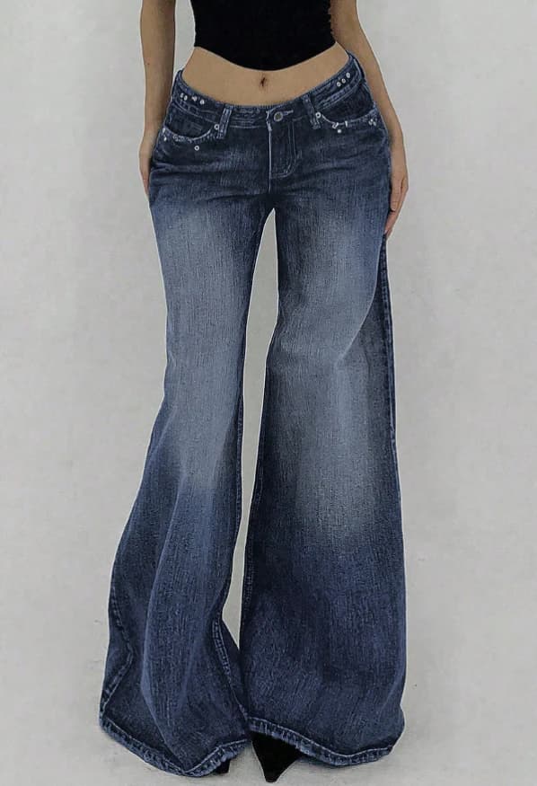 Jeans de tiro bajo y pierna ancha lavados de estilo casual - Imagen 1