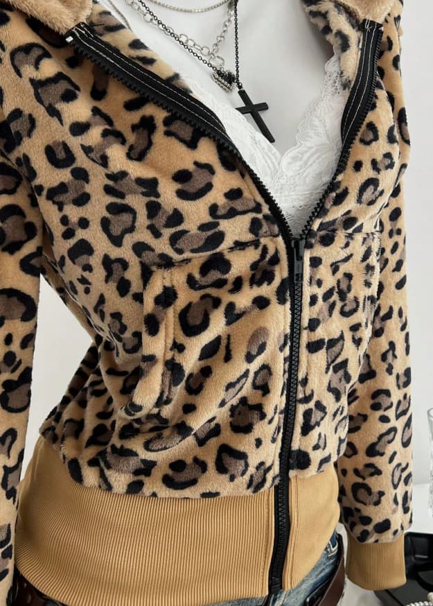 Chaqueta con capucha con cremallera, forro térmico y cuello grueso y esponjoso con estampado de leopardo - Imagen 5