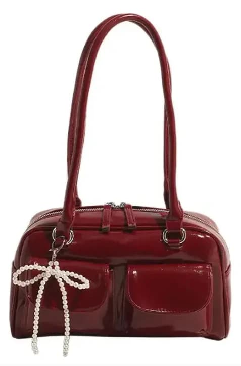 Bolso rojo con accesorio de lazo de perlas - Imagen 4